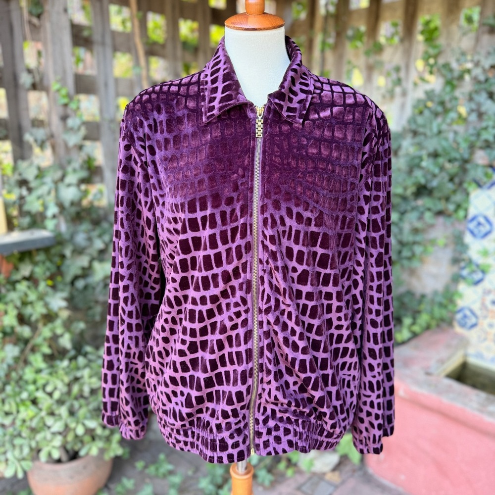 Vintage Teddi Womens Velvet Burnout Zip Up Jacket Size M 90s Plum Noir Crocodile
